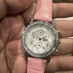 Working Vivani Women's Pink Analog Watch Buckle Band Crystal Bazel 36mm Fit 7in